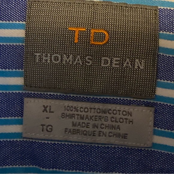 TD Thomas Dean Shirt Mens Size XL Button Front Blue Striped Collared - Picture 4 of 6